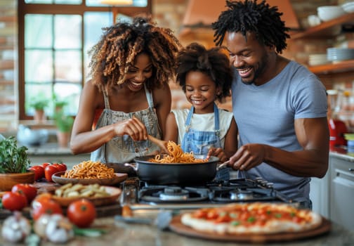 A joyful family scene with a man, woman, and child preparing pasta and enjoying kitchen activities together surrounded by fresh ingredients