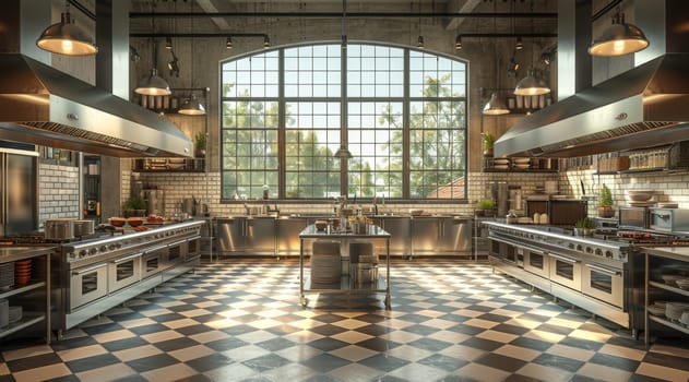 This is an image of a large, well-lit professional kitchen with modern appliances, expansive countertops, and a checkerboard floor pattern