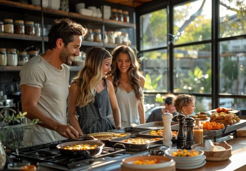 A young family is happily engaged in cooking together in a sunny, well-stocked modern kitchen with children observing
