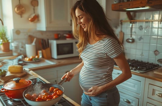 A pregnant woman in a striped shirt is sautéing tomatoes in a skillet on a stove in a home kitchen setting