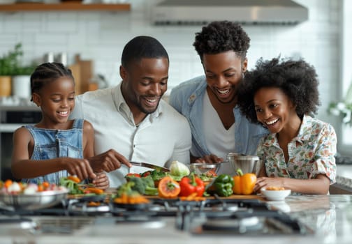 A cheerful family of four with two adults and two children preparing a healthy meal with vegetables in a modern kitchen