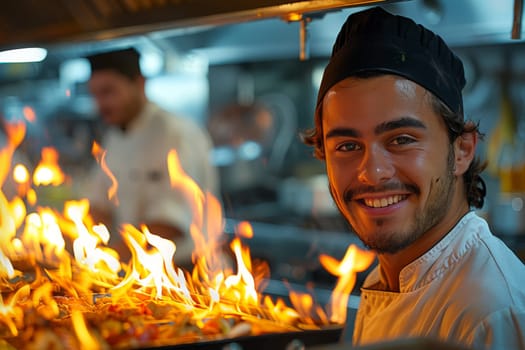 A professional chef in a kitchen, smiling confidently behind a stove with a large flame, indicating a cooking process