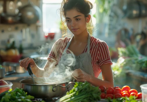 A young woman is stirring a pot on a stove with sunlight streaming in, surrounded by fresh vegetables