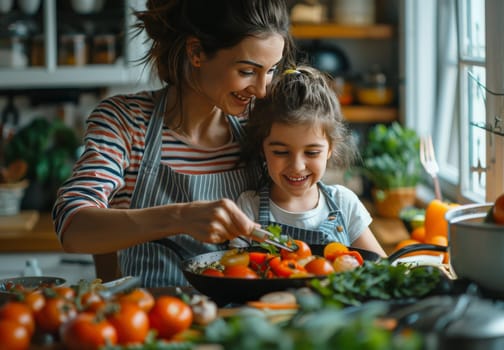 A heartwarming image of a smiling mother and her young daughter preparing a healthy meal with fresh vegetables in a cozy home kitchen