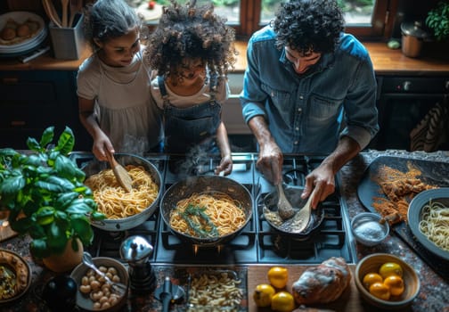 A warm, homely scene of a family with two adults and a child cooking pasta, surrounded by ingredients and cookware