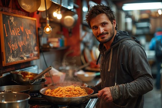 A smiling man prepares a spaghetti dish in a warmly lit homey kitchen with a chalkboard sign in the background displaying a romantic message