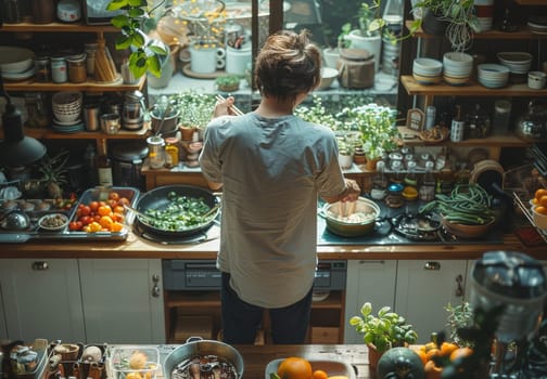 A person is prepping food in a cozy, sunlit kitchen brimming with plants and cooking utensils