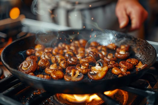 Close-up of fresh mushrooms being sautéed in a pan with steam rising over a gas stove, capturing the cooking process