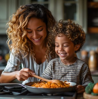 A heartwarming photo showing a smiling woman and her young child stirring a pan of spaghetti in a kitchen setting