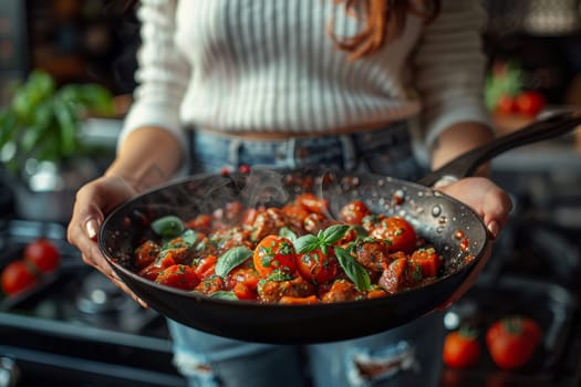 A close-up image of a person holding a pan with steaming tomato sauce and basil leaves in a kitchen setting