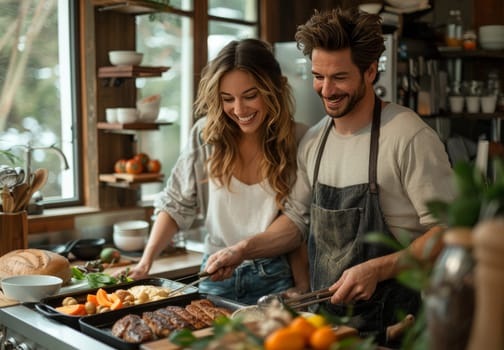 A smiling man and woman enjoying cooking a meal together in a cozy home kitchen, focusing on preparing a dish