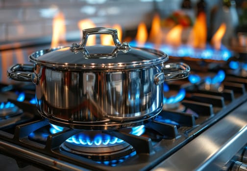 A stainless steel cooking pot on a gas stove with the burner on, showing blue flames heating the pot