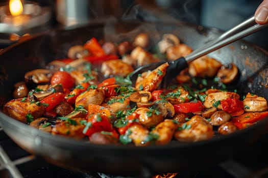 A close-up of a sizzling stir-fry with shrimp, bell peppers, mushrooms, and herbs being cooked in a pan