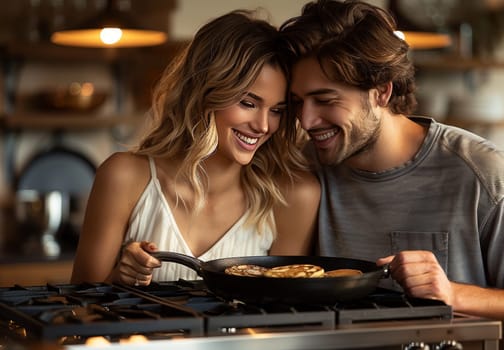 A joyful young couple is seen engaged in cooking pancakes in a cozy, warmly-lit kitchen, sharing an intimate and cheerful moment together