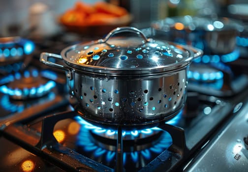 A stainless steel pot with a glass lid is shown on a lit gas stove with blue flames emitting from the burner beneath it