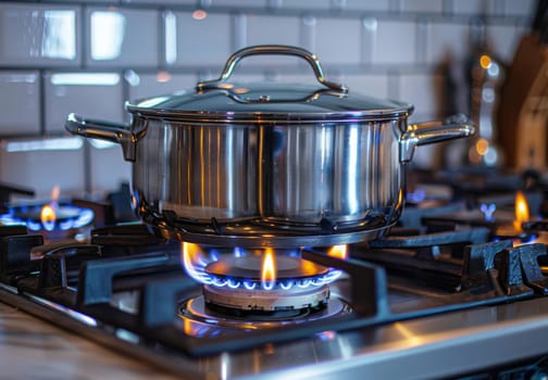 A shiny stainless steel pot sits on a lit gas burner with blue flames, highlighting cooking at home on a modern gas stove