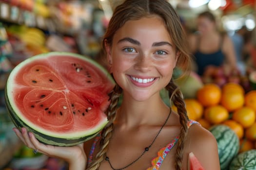 A radiant young woman showcases a freshly cut watermelon at a fruit stand, representing themes such as fresh food, healthy lifestyle, and the joy of shopping for groceries at a local market