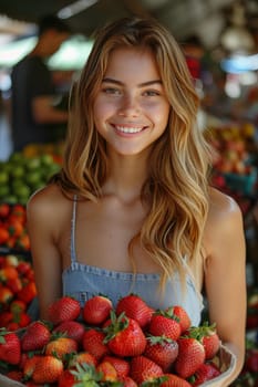 A close-up image of a smiling woman holding a plate of strawberries, capturing themes of healthy eating and the joy of shopping for fresh groceries at a market