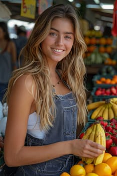An engaging young lady peruses a variety of fresh fruit at a bustling farmer's market Keywords include Market Stall, Healthy Lifestyle, People