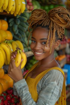 A girl with a bright smile holds bananas at a market, showcasing the happiness and health benefits of buying fresh, organic produce