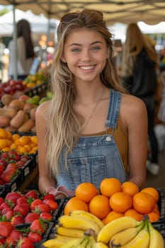 A beaming young woman holds a basket full of fresh oranges, shopping at a farmer's market for healthy produce