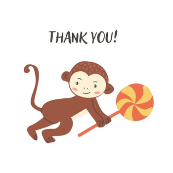 Childrens animal card with congratulation text. Cute african animal monkey celebration design. Greeting card with little wild pet for Childish postcard.