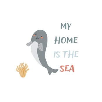 Childrens sea animal background with words. Nautical elements. Cute fish or ocean inhabitant with seaweed. Sea wild life, marine animals with text for stickers, cover design, clothes.