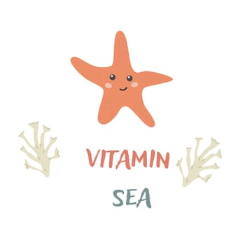 Childrens sea animal statfish background with words. Nautical elements. Cute fish or ocean inhabitant with seaweed. Sea wild life, marine animals with text vitamine for stickers, cover design, cloth