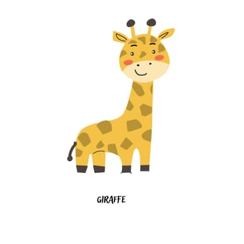 Childrens animal card giraffe for education. Kindergarten design. Cute african animal flash card on english language. Funny cartoon character poster for kids room with quotes.