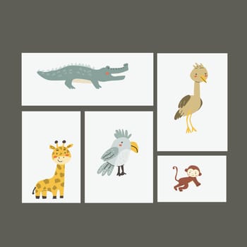 Childrens animals posters set. Nursery design. Cute baby african animals cards. Hand drawn wild pets posters collection.