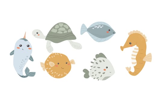 Cute childrens sea animals set. Marine underwater elements collection. Ocean inhabitants set of fugu,turtle and other cute characters. Wild aquatic creatures in childish naive hand drawn style.