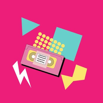 90s music background. Retro disco banner with y2k or 00s elements. Game or music equipment, laptop from 90s. Bright banner for social network.