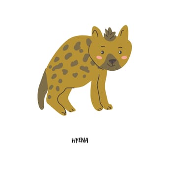 Childrens animal card hyena for education. Kindergarten design. Cute african animal flash card on english language. Funny cartoon character poster for kids room with quotes.