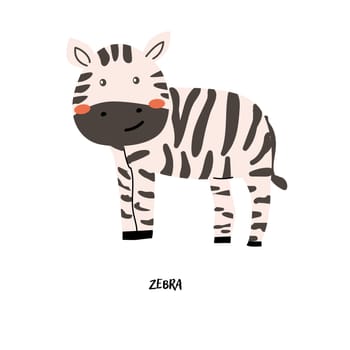 Childrens animal card zebra for education. Kindergarten design. Cute african animal flash card on english language. Funny cartoon character poster for kids room with quotes.