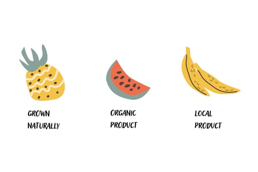 Local farm fruits labels set. Pineapple, banana and watermelon. Organic products, grown naturally, local product - labels. Can used for farm or vegetable shop.