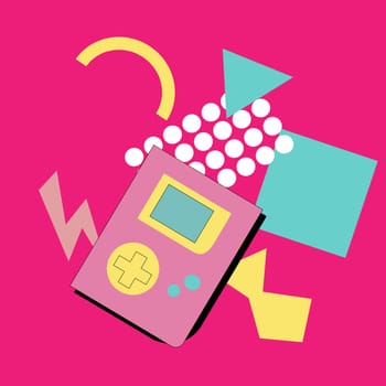 90s music background. Retro disco banner with y2k or 00s elements. Game or music equipment, laptop from 90s. Bright banner for social network.