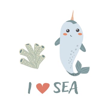 Childrens sea animal swordfish background with words. Nautical elements. Cute fish or ocean inhabitant with seaweed. Sea wild life, marine animals with text for stickers, cover design, cloth