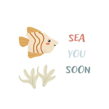 Childrens sea animal fish background with words. Nautical elements. Cute fish or ocean inhabitant with seaweed. Sea wild life, marine animals with text for stickers, cover design, cloth