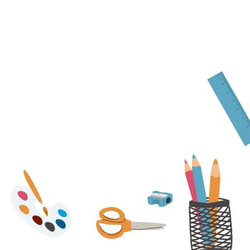 Back to school, kindergarten banner or frame. Children school elements, pencils background with copy space. Children supplies, cute design. Can used for poster, sale banner.