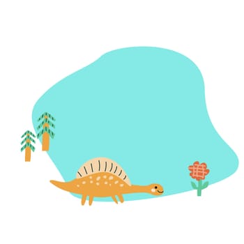 Cute baby dinosaurs background, childish frame for kids design. Childrens cute animals background. Can used for cover design, photo frame, greeting cards, banners.