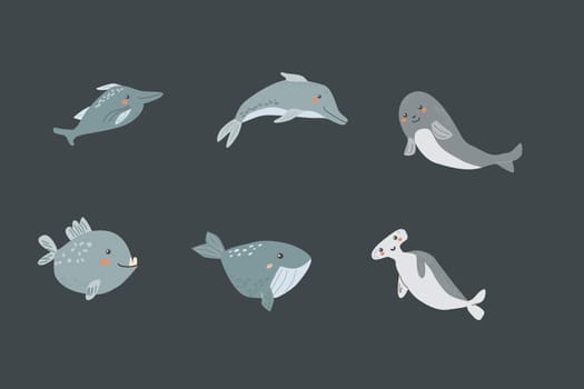 Cute childrens sea animals set. Marine underwater elements collection. Ocean inhabitants set of dolphin, whale and other cute characters. Wild aquatic creatures in childish naive hand drawn style.
