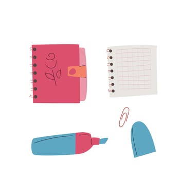 Childrens supplies cute elements of elementary school. notes for stickers, scrapbooking. Kindergarten flat elements for education. Back to school.