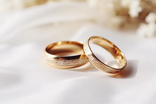 Wedding rings, close-up on a light background with flowers.postcard or invitation to a celebration.