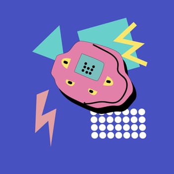 90s music background. Retro disco banner with y2k or 00s elements. Game or music equipment, laptop from 90s. Bright banner for social network.