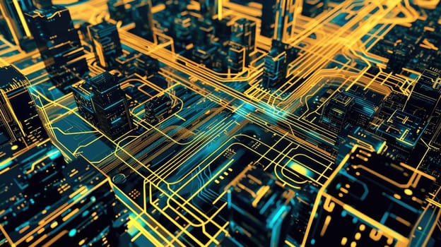 Futuristic urban scheme, artificial electronic background, futuristic cityscape style, linear light yellow and dark blue