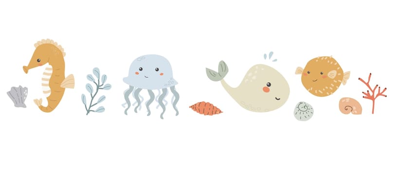 Childrens sea animal background with shell. Nautical elements border. Cute fish or ocean inhabitant with seaweed. Sea wild life, marine animals with plants for cover design, cloth