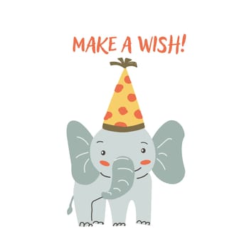 Childrens animal card elephant with congratulation text. Cute african animal celebration design. Greeting card with little wild pet for Childish postcard.