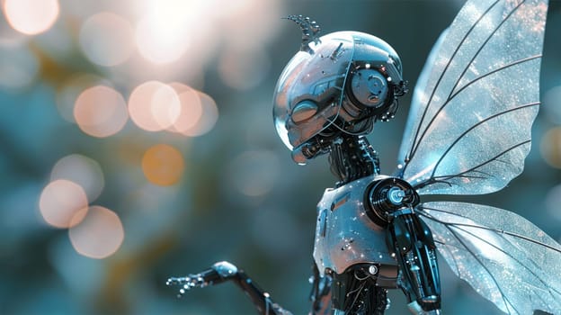 High-tech futuristic robot fairy against the backdrop of nature, fictional plot.