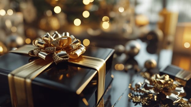 An elegant black gift with a luxurious golden bow amidst festive decorations, capturing the essence of holiday giving.