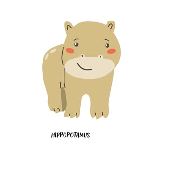 Childrens animal card hippopotamus for education. Kindergarten design. Cute african animal flash card on english language. Funny cartoon character poster for kids room with quotes.